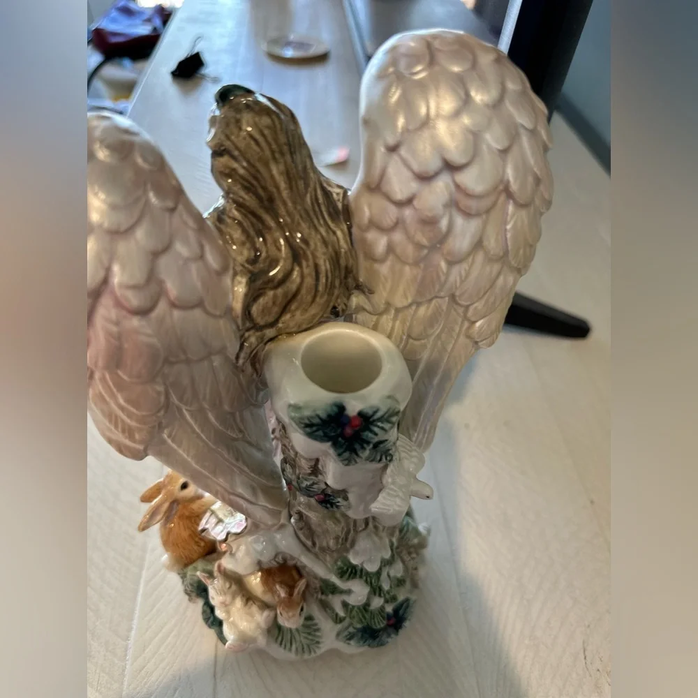 Fitz and Floyd Peaceable Kingdom Angel Holiday woodland animals candle holder